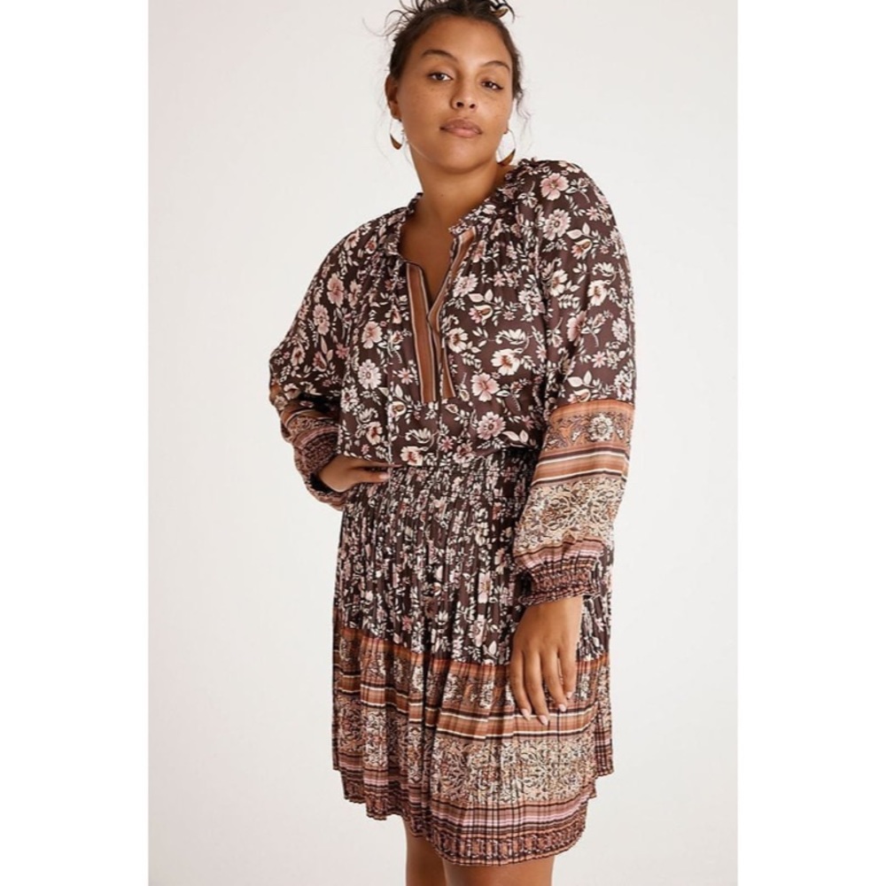 Anthropologie Current Air Drop Waist Brown Floral Dress Long Sleeve Boho Size 3X